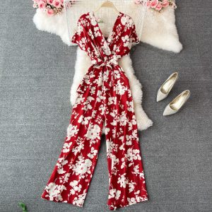 Light ripe wind socialite v-neck floral chiffon jumpsuits summer new waist jumpsuits leisure loose wide-legged pants