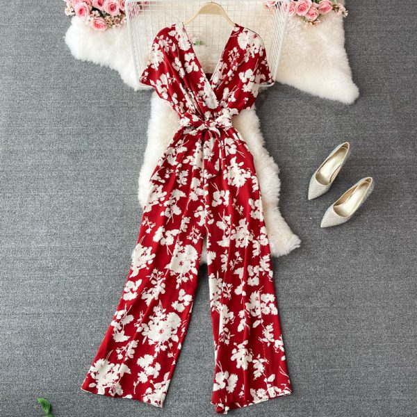 Light ripe wind socialite v-neck floral chiffon jumpsuits summer new waist jumpsuits leisure loose wide-legged pants - Image 2