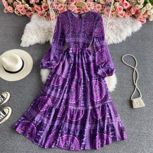 Thailand resort island beach dress to restore ancient ways the wave Bohemia round collar dress elegant printing posed long skirt