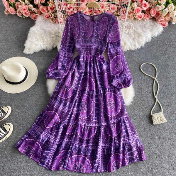Thailand resort island beach dress to restore ancient ways the wave Bohemia round collar dress elegant printing posed long skirt - Image 2
