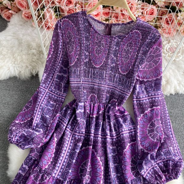 Thailand resort island beach dress to restore ancient ways the wave Bohemia round collar dress elegant printing posed long skirt - Image 3