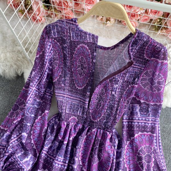 Thailand resort island beach dress to restore ancient ways the wave Bohemia round collar dress elegant printing posed long skirt - Image 5