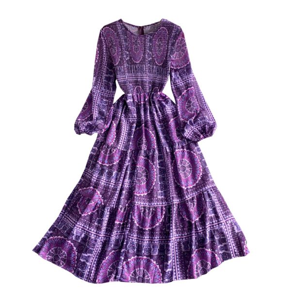 Thailand resort island beach dress to restore ancient ways the wave Bohemia round collar dress elegant printing posed long skirt - Image 6