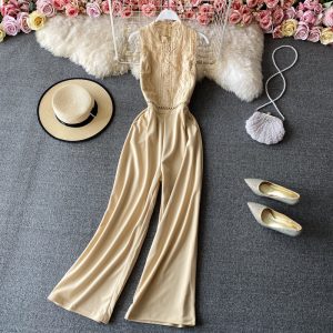 Round neck lace stitching jumpsuit women’s scheming hollow elegant high waist wide leg pants jumpsuit