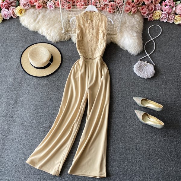 Round neck lace stitching jumpsuit women’s scheming hollow elegant high waist wide leg pants jumpsuit