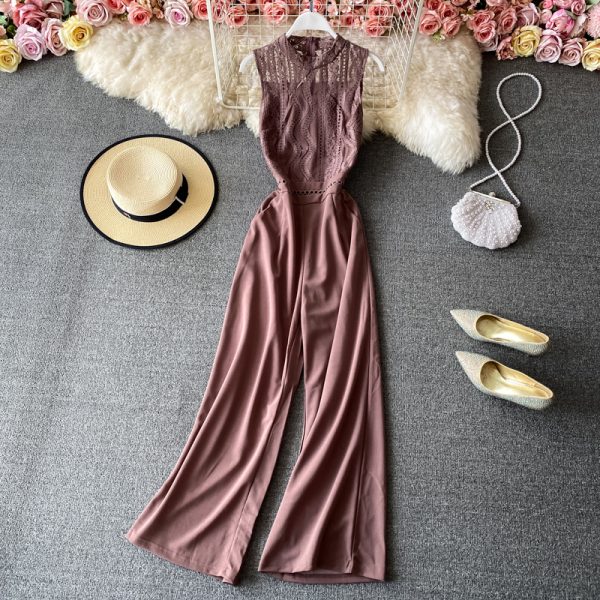 Round neck lace stitching jumpsuit women’s scheming hollow elegant high waist wide leg pants jumpsuit - Image 4