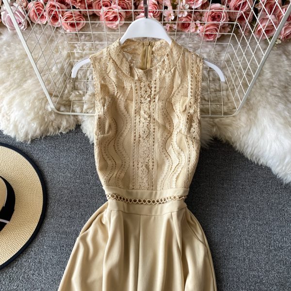 Round neck lace stitching jumpsuit women’s scheming hollow elegant high waist wide leg pants jumpsuit - Image 5