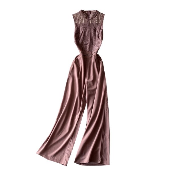 Round neck lace stitching jumpsuit women’s scheming hollow elegant high waist wide leg pants jumpsuit - Image 6