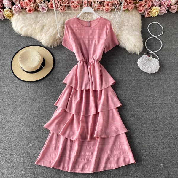 round Neck Chiffon Dress Short Sleeve Summer New Sweet Temperamental Fairy Cake Dress Solid Color High Waist Dress - Image 5