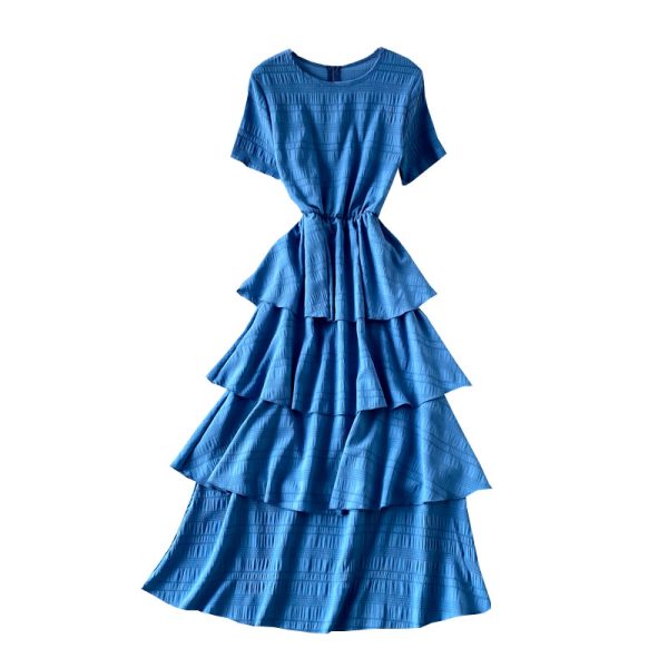 round Neck Chiffon Dress Short Sleeve Summer New Sweet Temperamental Fairy Cake Dress Solid Color High Waist Dress - Image 6