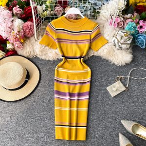 Summer New Korean Style Contrast Color Striped Slim Fit Thin over the Knee Midi Dress Hip Knitwear Short Sleeve Dress