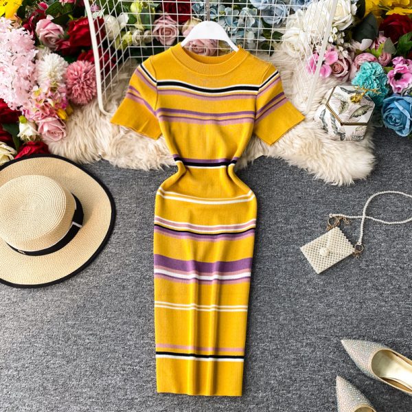 Summer New Korean Style Contrast Color Striped Slim Fit Thin over the Knee Midi Dress Hip Knitwear Short Sleeve Dress