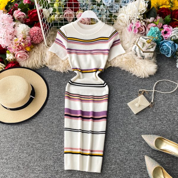 Summer New Korean Style Contrast Color Striped Slim Fit Thin over the Knee Midi Dress Hip Knitwear Short Sleeve Dress - Image 3