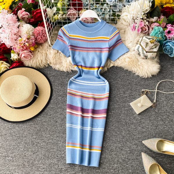 Summer New Korean Style Contrast Color Striped Slim Fit Thin over the Knee Midi Dress Hip Knitwear Short Sleeve Dress - Image 4
