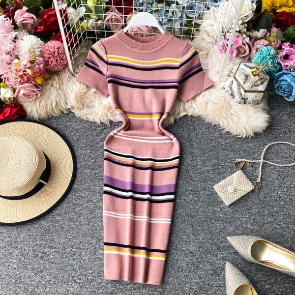 Summer New Korean Style Contrast Color Striped Slim Fit Thin over the Knee Midi Dress Hip Knitwear Short Sleeve Dress - Image 5