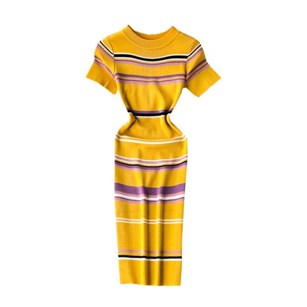 Summer New Korean Style Contrast Color Striped Slim Fit Thin over the Knee Midi Dress Hip Knitwear Short Sleeve Dress - Image 6