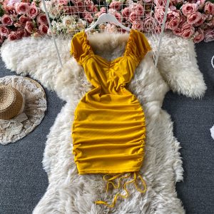 Tall waist square collar dress summer brim draw string cultivate one’s morality show thin package buttocks short skirts
