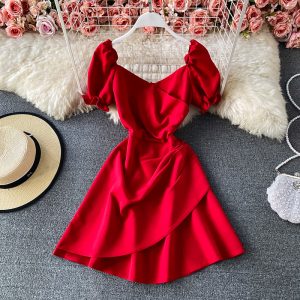 Summer New Retro French Waist-Tight Slimming Puff Sleeve Backless Small V-neck A- line Skirt Dress