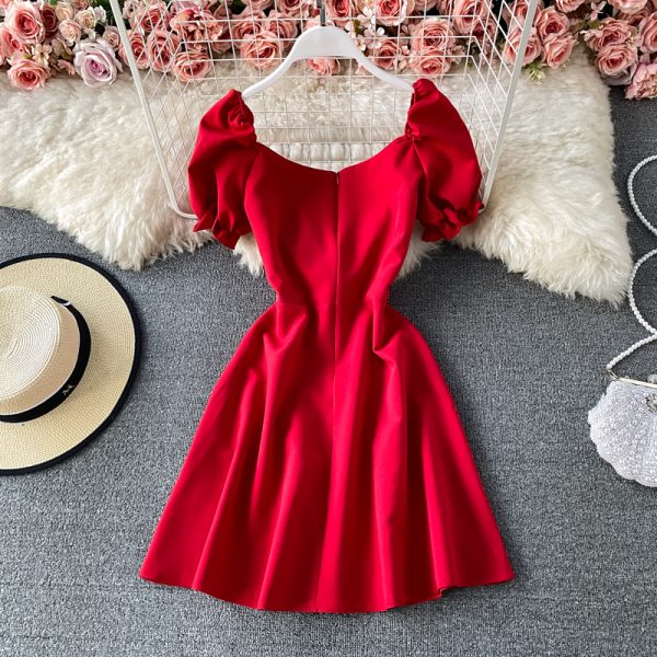 Summer New Retro French Waist-Tight Slimming Puff Sleeve Backless Small V-neck A- line Skirt Dress - Image 4