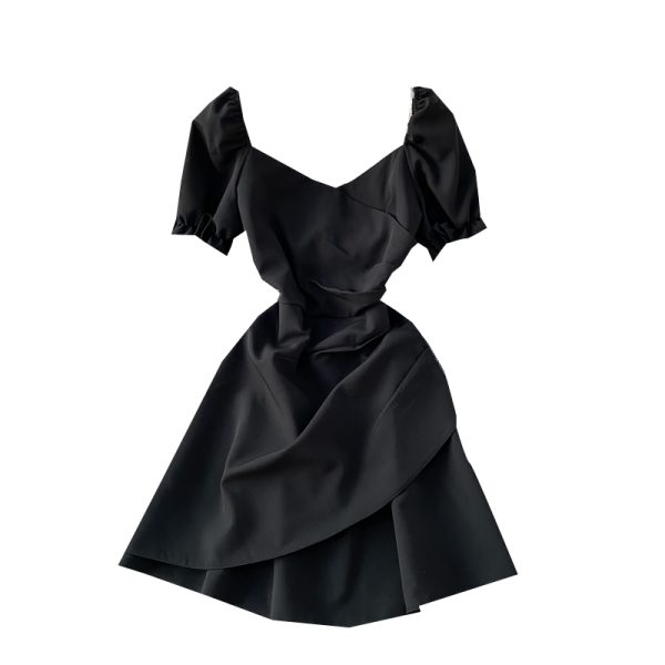 Summer New Retro French Waist-Tight Slimming Puff Sleeve Backless Small V-neck A- line Skirt Dress - Image 6