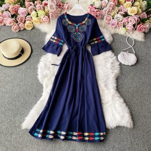 Trip Shoot Bohemian Embroidered Bell Sleeve V-neck Tight Waist Cotton Linen Loose Vacation Dress Embroidery Fairy Long Dress