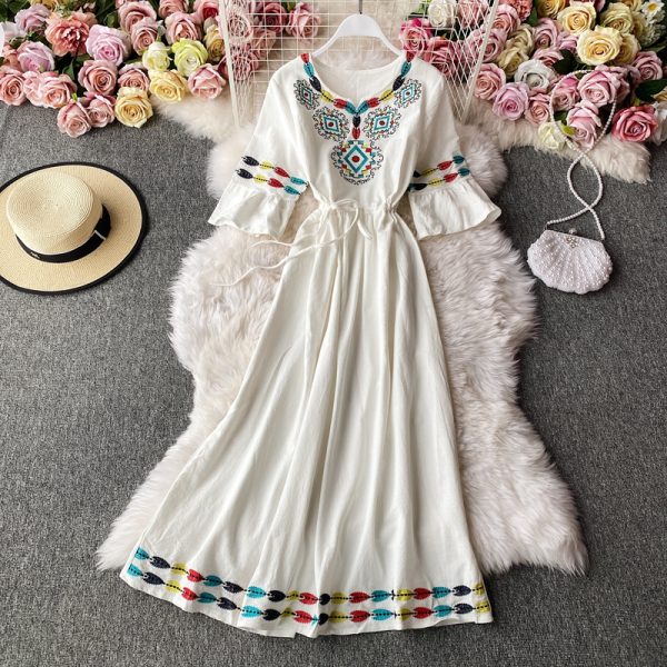 Trip Shoot Bohemian Embroidered Bell Sleeve V-neck Tight Waist Cotton Linen Loose Vacation Dress Embroidery Fairy Long Dress - Image 3