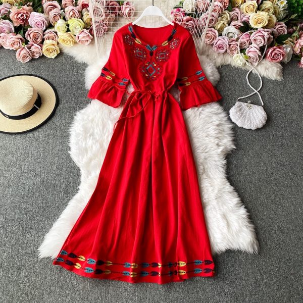 Trip Shoot Bohemian Embroidered Bell Sleeve V-neck Tight Waist Cotton Linen Loose Vacation Dress Embroidery Fairy Long Dress - Image 4