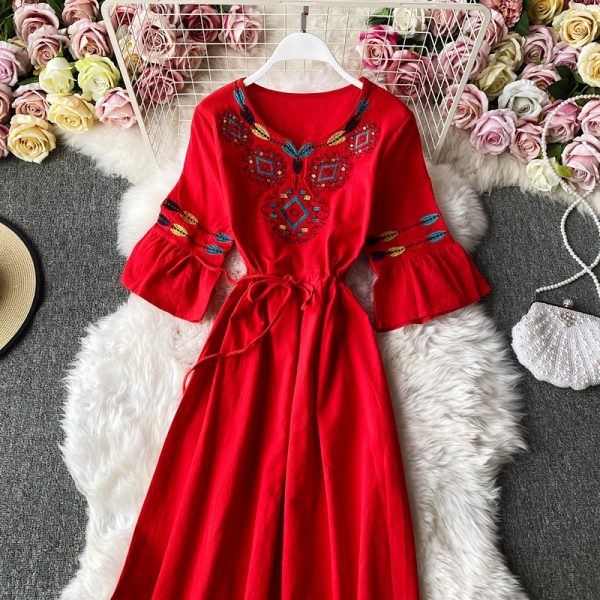 Trip Shoot Bohemian Embroidered Bell Sleeve V-neck Tight Waist Cotton Linen Loose Vacation Dress Embroidery Fairy Long Dress - Image 5