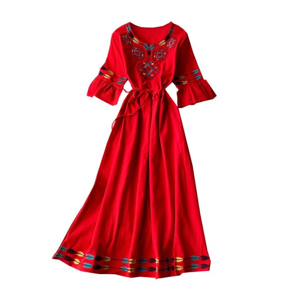Trip Shoot Bohemian Embroidered Bell Sleeve V-neck Tight Waist Cotton Linen Loose Vacation Dress Embroidery Fairy Long Dress - Image 6