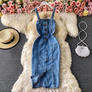 New Fashion Temperament Leisure Braces Skirt Backless Slit Slim Fit Slimming Denim Package Hip Skirt Suspender Dress