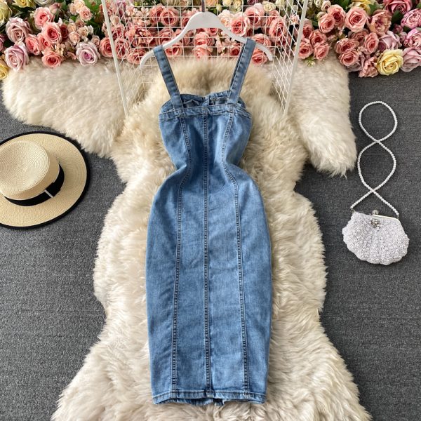 New Fashion Temperament Leisure Braces Skirt Backless Slit Slim Fit Slimming Denim Package Hip Skirt Suspender Dress - Image 3