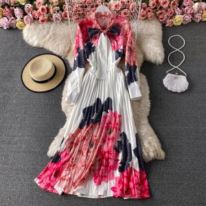 Summer New Fashion Dignified Goddess Large Swing Dress French Elegant Flowers Printed Pleated Dress