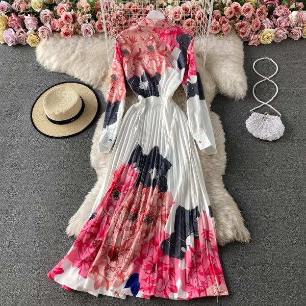 Summer New Fashion Dignified Goddess Large Swing Dress French Elegant Flowers Printed Pleated Dress - Image 3