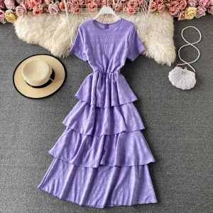 round Neck Chiffon Dress Short Sleeve Summer New Sweet Temperamental Fairy Cake Dress Solid Color High Waist Dress