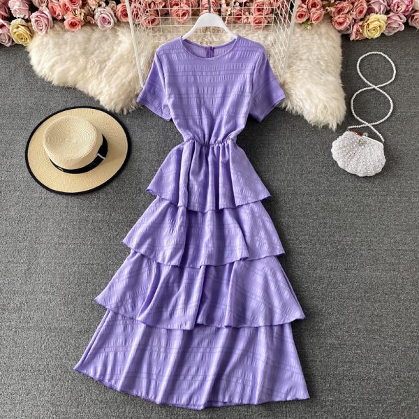 round Neck Chiffon Dress Short Sleeve Summer New Sweet Temperamental Fairy Cake Dress Solid Color High Waist Dress