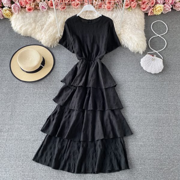 round Neck Chiffon Dress Short Sleeve Summer New Sweet Temperamental Fairy Cake Dress Solid Color High Waist Dress - Image 3