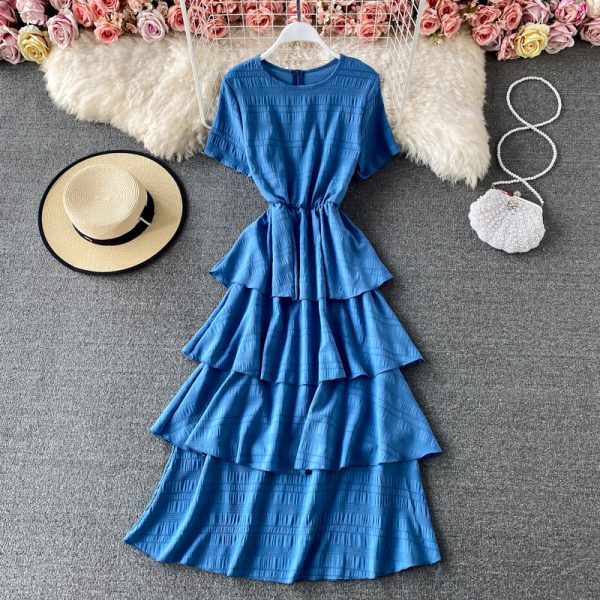 round Neck Chiffon Dress Short Sleeve Summer New Sweet Temperamental Fairy Cake Dress Solid Color High Waist Dress - Image 4