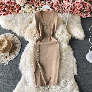 Solid Color Sexy Slit V-neck Knitted Dress Sleeveless Xia Yang Style Slim Fit Slimming Hip-Wrapped One-Step Skirt