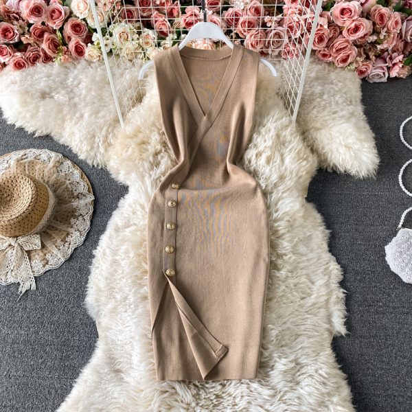 Solid Color Sexy Slit V-neck Knitted Dress Sleeveless Xia Yang Style Slim Fit Slimming Hip-Wrapped One-Step Skirt