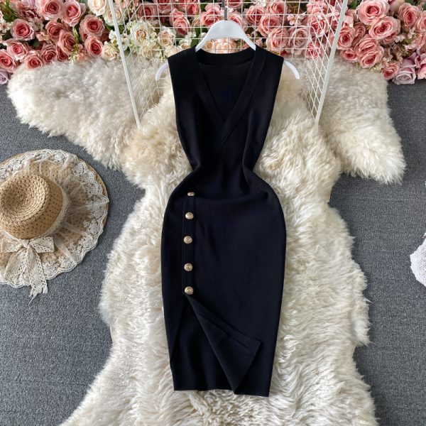 Solid Color Sexy Slit V-neck Knitted Dress Sleeveless Xia Yang Style Slim Fit Slimming Hip-Wrapped One-Step Skirt - Image 3