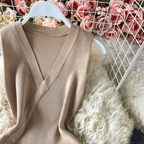 Solid Color Sexy Slit V-neck Knitted Dress Sleeveless Xia Yang Style Slim Fit Slimming Hip-Wrapped One-Step Skirt - Image 4