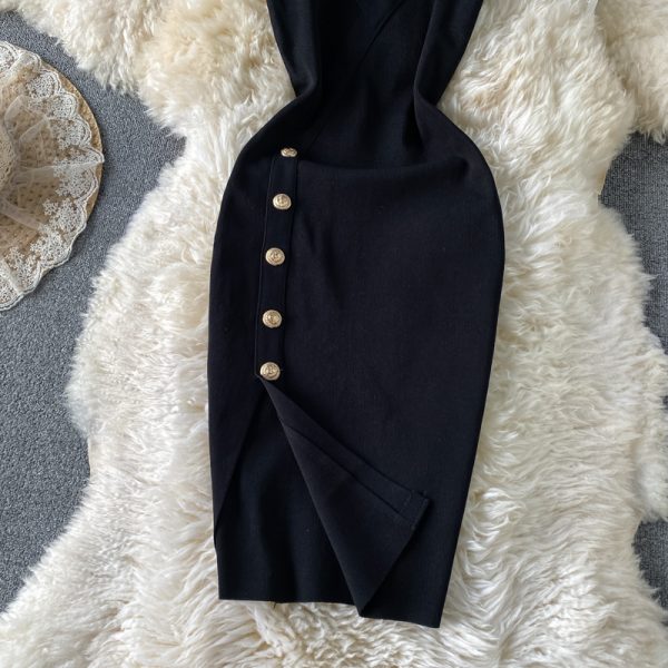 Solid Color Sexy Slit V-neck Knitted Dress Sleeveless Xia Yang Style Slim Fit Slimming Hip-Wrapped One-Step Skirt - Image 5