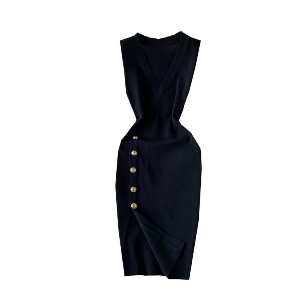 Solid Color Sexy Slit V-neck Knitted Dress Sleeveless Xia Yang Style Slim Fit Slimming Hip-Wrapped One-Step Skirt - Image 6