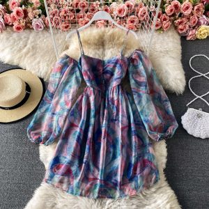 Seaside Vacation Sling Beach Dress Summer Lightly Mature Super Fairy Sweet off-Shoulder off-Shoulder Printed Dress