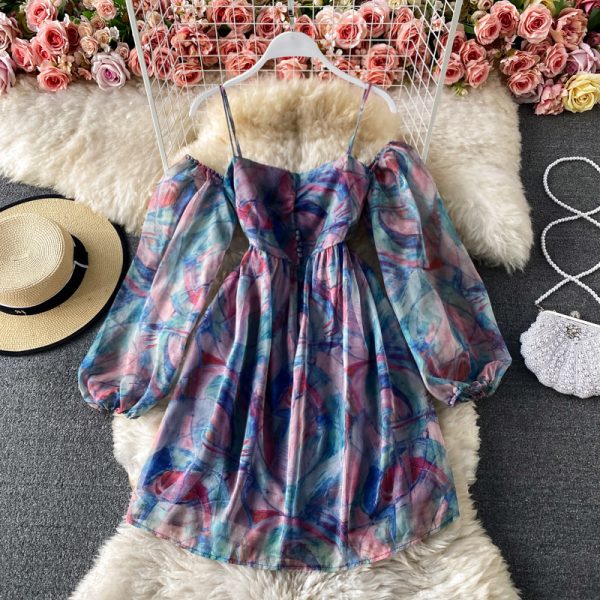 Seaside Vacation Sling Beach Dress Summer Lightly Mature Super Fairy Sweet off-Shoulder off-Shoulder Printed Dress