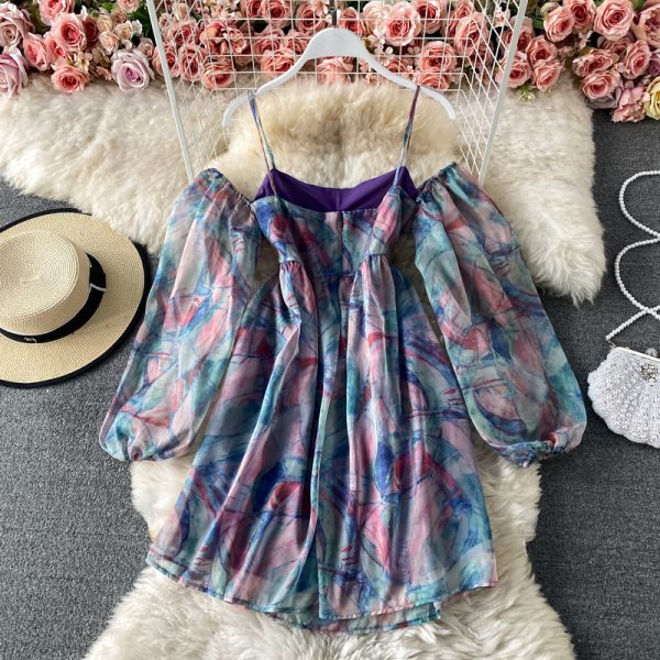 Seaside Vacation Sling Beach Dress Summer Lightly Mature Super Fairy Sweet off-Shoulder off-Shoulder Printed Dress - Image 3
