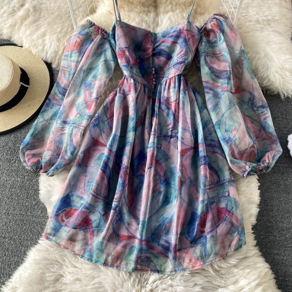 Seaside Vacation Sling Beach Dress Summer Lightly Mature Super Fairy Sweet off-Shoulder off-Shoulder Printed Dress - Image 4