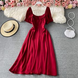 French Style Tight Waist Western Style Slimming Puff Sleeve Square Collar Dress New Summer Solid Color Wide Hem Long Dress