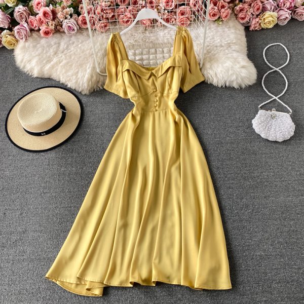 French Style Tight Waist Western Style Slimming Puff Sleeve Square Collar Dress New Summer Solid Color Wide Hem Long Dress - Image 3