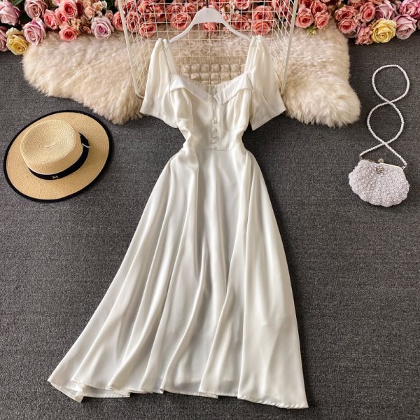 French Style Tight Waist Western Style Slimming Puff Sleeve Square Collar Dress New Summer Solid Color Wide Hem Long Dress - Image 4